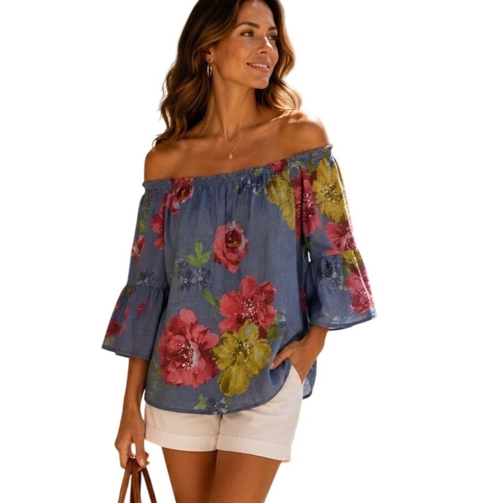 Kaktus  Off the Shoulder Top Blue Floral Bell Sleeve‎ Peasant Italy Large